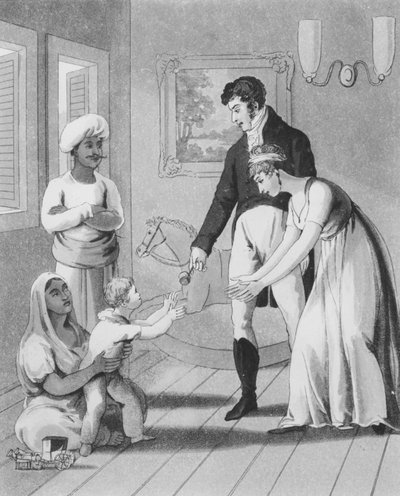 Egy európai hölgy és családja, egy ayah vagy nővér kíséretében, 17. tábla, „Az európai Indiában”, 1813 (akvatinta) alkotó: Charles d Oyly